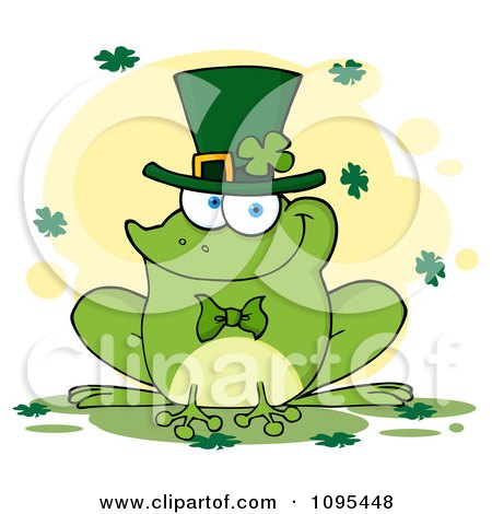 Clipart St Patricks Day Frog Smiling And Wearing A Shamrock Hat - Royalty Free Vector Illustration by Hit Toon