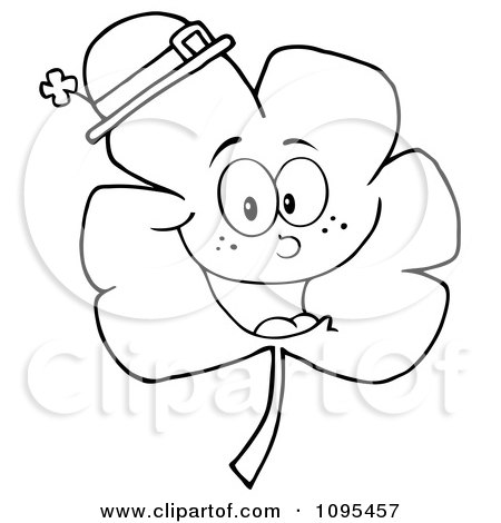 Clipart Outlined Happy Smiling St Patricks Day Shamrock Wearing A Hat - Royalty Free Vector Illustration by Hit Toon