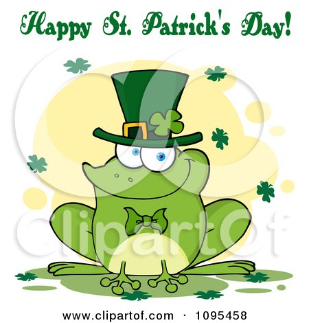 Clipart Happy St Patricks Day Greeting Over A Frog Wearing A Shamrock Hat - Royalty Free Vector Illustration by Hit Toon