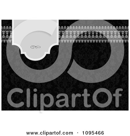 Clipart Gray Banner With A Swirl And Border Over Black Damask - Royalty Free Vector Illustration by BestVector