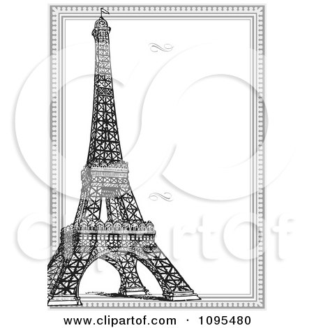 Clipart Vertical Black And White Eiffel Tower And Frame With Swirls - Royalty Free Vector Illustration by BestVector