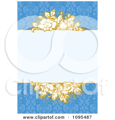 Clipart Yellow Floral Invitation Frame With Copyspace Over A Blue Pattern - Royalty Free Vector Illustration by BestVector