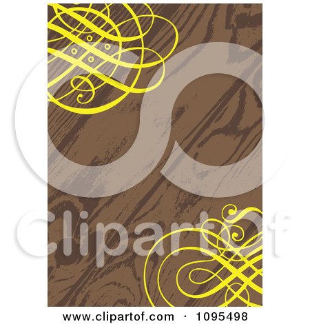 Clipart Wood Grain Wedding Invitation With Ornate Yellow Swirls In The Corners - Royalty Free Vector Illustration by BestVector