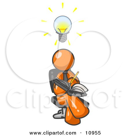 Smart Orange Man Seated With His Legs Crossed, Brainstorming and Writing Ideas Down in a Notebook, Lightbulb Over His Head Clipart Illustration by Leo Blanchette