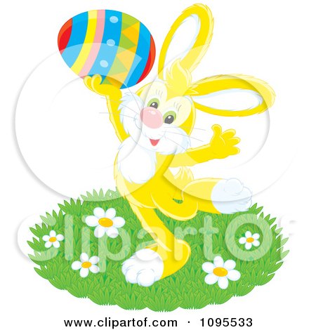 Clipart Happy Yellow Easter Bunny Holding Up A Colorful Egg - Royalty Free Vector Illustration by Alex Bannykh