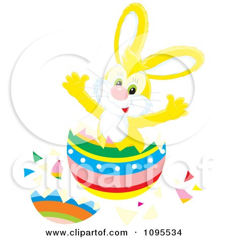 Clipart Yellow Easter Bunny Bursting Through A Colorful Egg - Royalty Free Vector Illustration by Alex Bannykh