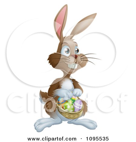 Clipart Brown Bunny Hunting Easter Eggs And Holding A Basket - Royalty Free Vector Illustration by AtStockIllustration