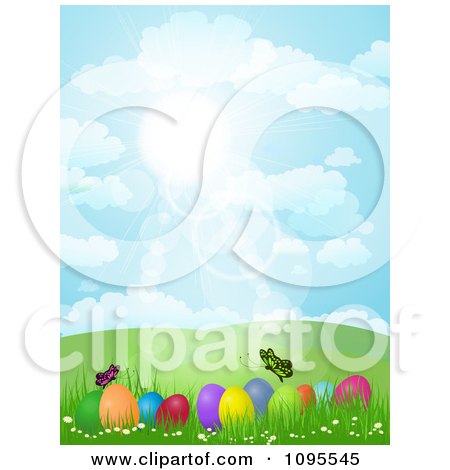 Clipart Butterflies Over Easter Eggs In A Hilly Spring Landscape Under A Blue Sunny Sky - Royalty Free Vector Illustration by KJ Pargeter