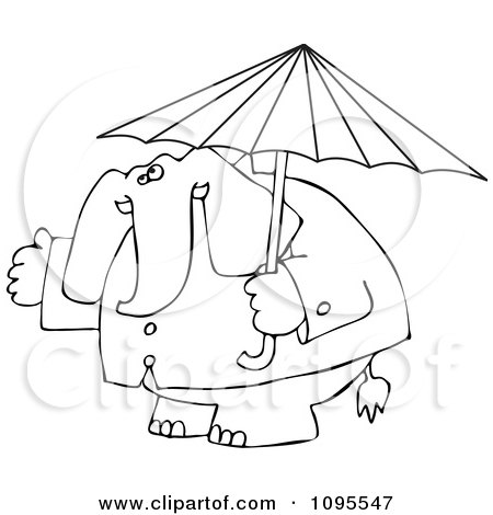 Clipart Outlined Elephant In A Rain Coat Under An Umbrella - Royalty Free Vector Illustration by djart
