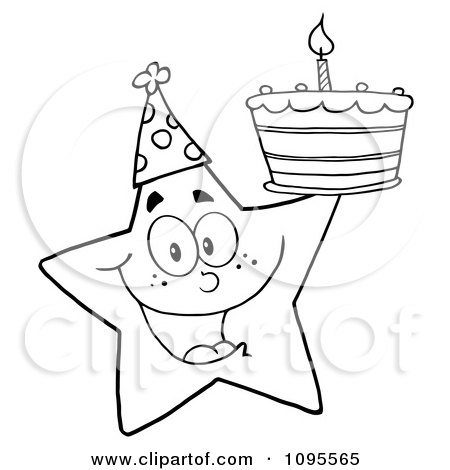 Clipart Outlined Star Holding Up A Birthday Cake - Royalty Free Vector Illustration by Hit Toon
