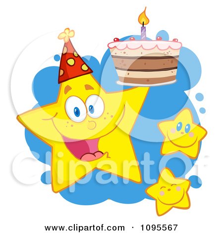 Clipart Happy Yellow Stars With A Birthday Cake Over Blue Splatters - Royalty Free Vector Illustration by Hit Toon