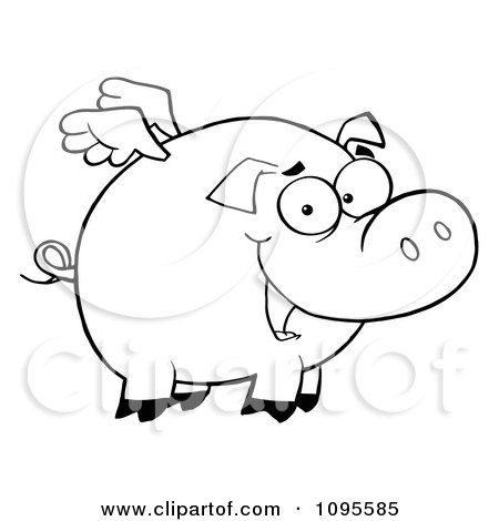 Clipart Outlined Winged Pig Smiling And Flying - Royalty Free Vector Illustration by Hit Toon