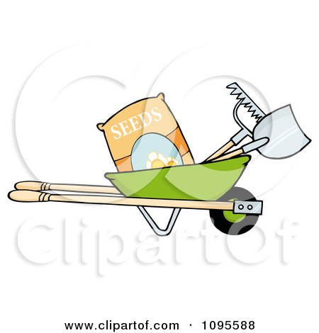 Clipart Green Wheelbarrow With Garden Tools And Seeds - Royalty Free Vector Illustration by Hit Toon
