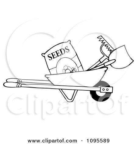 Clipart Outlined Wheelbarrow With Garden Tools And Seeds - Royalty Free Vector Illustration by Hit Toon