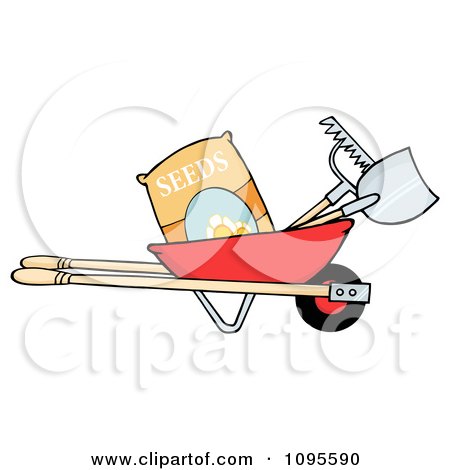 Clipart Red Wheelbarrow With Garden Tools And Seeds - Royalty Free Vector Illustration by Hit Toon