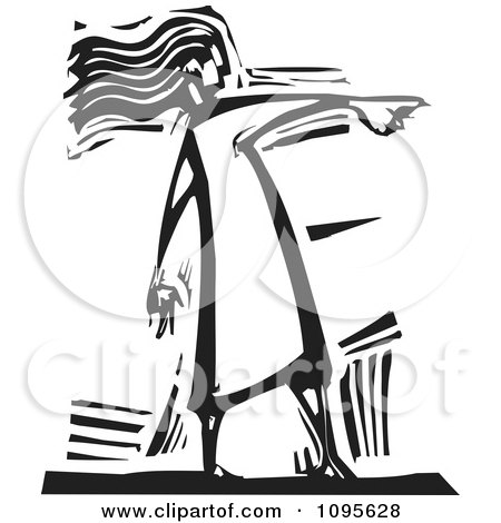 Clipart Woman Pointing Her Finger Black And White Woodcut - Royalty Free Vector Illustration by xunantunich