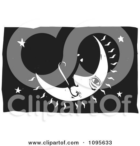 Clipart Crescent Moon Relaxing In The Sky Black And White Woodcut - Royalty Free Vector Illustration by xunantunich