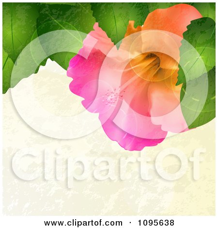 Clipart Colorful Hibiscus And Leaves With Flares On Beige Grunge - Royalty Free Vector Illustration by elaineitalia