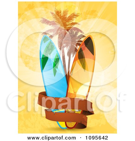 Clipart Blank Banner Around Surf Boards And Palm Trees On Orange Grunge And Flares - Royalty Free Vector Illustration by elaineitalia