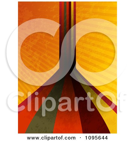 Clipart Retro Grungy Stripes Leading Forward And Up Over Grungy Orange Rays - Royalty Free Vector Illustration by elaineitalia