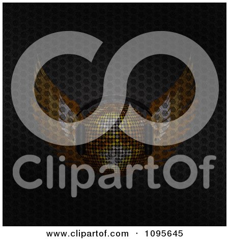 Clipart Gold Winged Disco Ball And Headphones On Perforated Metal - Royalty Free CGI Illustration by elaineitalia