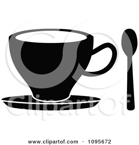 Clipart Silhouetted Black And White Coffee Mug And Saucer And Spoon - Royalty Free Vector Illustration by Frisko