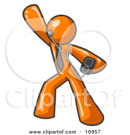 Happy Orange Man Dancing and Listening to Music With an MP3 Player Clipart Illustration by Leo Blanchette