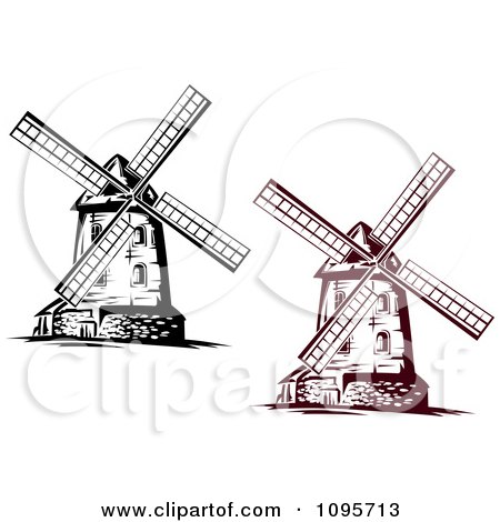 Clipart Brown And Black And White Old Fashioned Windmills - Royalty Free Vector Illustration by Vector Tradition SM