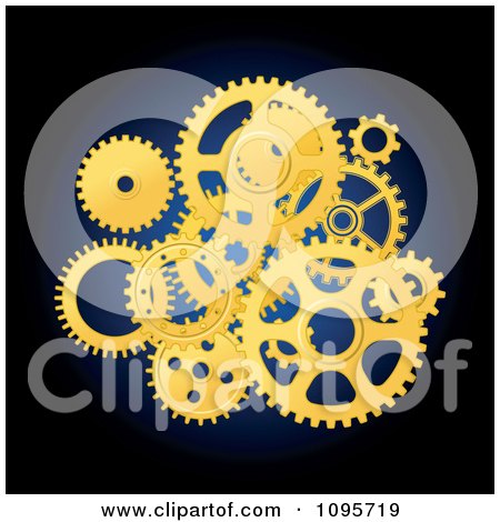 Clipart Golden Mechanical Gear Wheels Over Blue And Black - Royalty Free Vector Illustration by Vector Tradition SM
