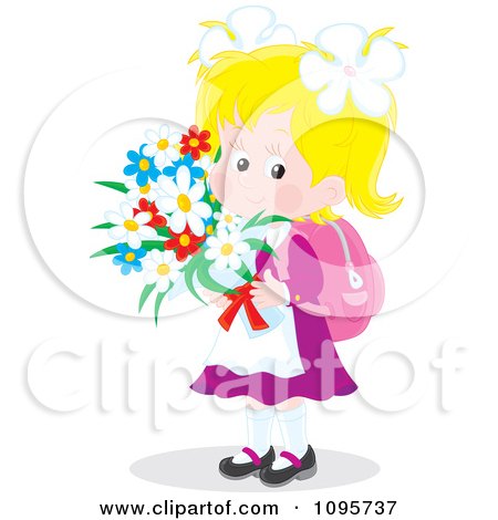 Clipart Sweet School Girl Carrying Mothers Day Flowers - Royalty Free Vector Illustration by Alex Bannykh