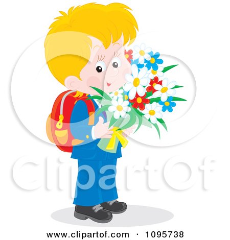Clipart Sweet School Boy Carrying A Bouquet Of Flowers - Royalty Free Vector Illustration by Alex Bannykh