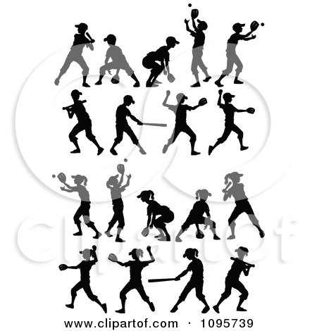 Clipart Silhouetted Boys And Girls Playing Baseball And Softball - Royalty Free Vector Illustration by Chromaco