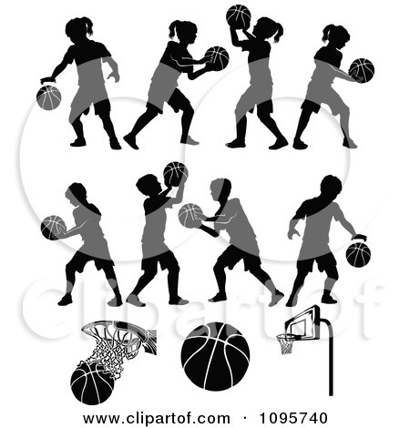 Clipart Silhouetted Boys And Girls Playing Basketball - Royalty Free Vector Illustration by Chromaco