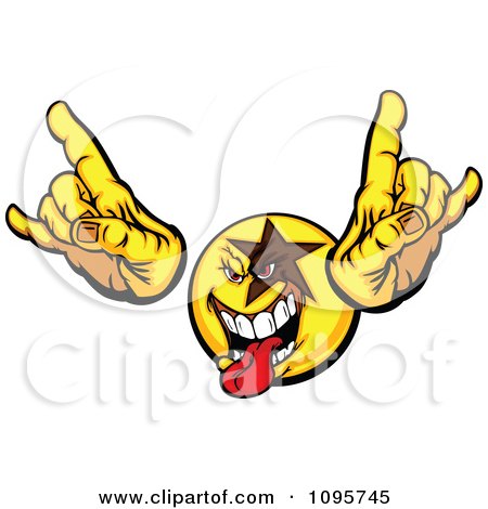 Clipart Rocker Dude Smiley Emoticon With A Star Holding Up Fingers And Sticking Out A Tongue - Royalty Free Vector Illustration by Chromaco