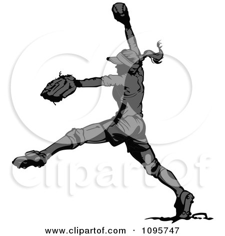 Clipart Grayscale Female Softball Player Pitching A Baseball - Royalty Free Vector Illustration by Chromaco