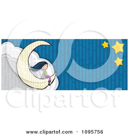 Clipart Girl Sitting On A Crescent Moon With A View Of The Stars - Royalty Free Vector Illustration by David Rey