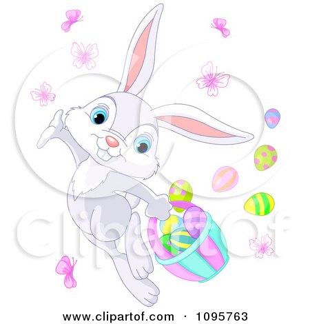 Clipart Cute Gray Easter Bunny Dancing With Butterflies And Eggs - Royalty Free Vector Illustration by Pushkin