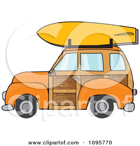 Clipart Orange Woodie Station Wagon With A Surfboard On Top - Royalty Free Vector Illustration by djart