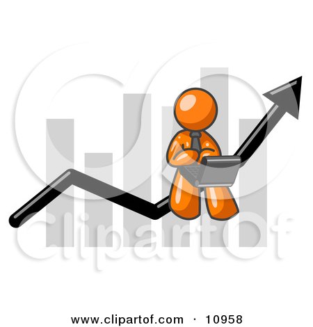 Orange Man Using a Laptop Computer, Riding the Increasing Arrow Line on a Business Chart Graph Clipart Illustration by Leo Blanchette