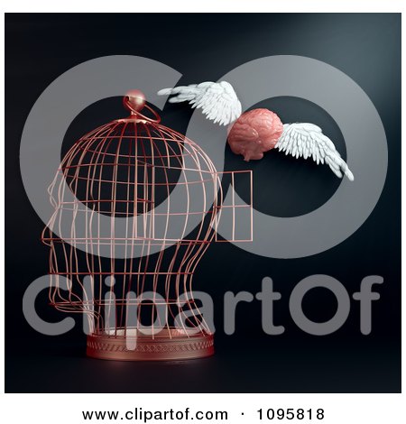 Clipart 3d Winged Brain Flying Away From A Head Shaped Cage - Royalty Free CGI Illustration by Mopic