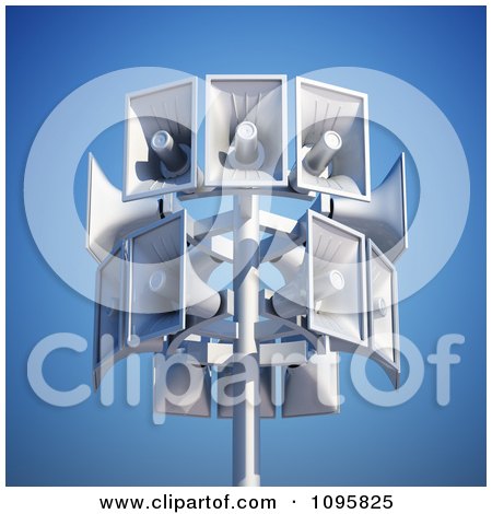 Clipart 3d Megaphone Loudspeakers On A Pole Against A Blue Sky - Royalty Free CGI Illustration by Mopic