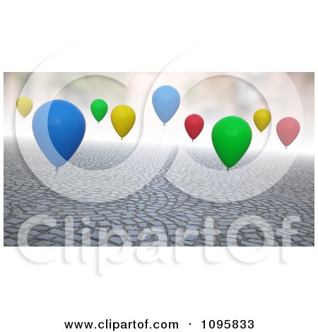 Clipart 3d Colorful Balloons Floating Over Cobblestones - Royalty Free CGI Illustration by Mopic