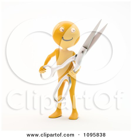 Clipart 3d Orange Man Holding Scissors For Couponing Or A Ribbon Cutting Ceremony - Royalty Free CGI Illustration by Mopic