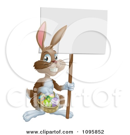 Clipart Brown Easter Bunny Holding A Sign And Basket Of Eggs - Royalty Free Vector Illustration by AtStockIllustration
