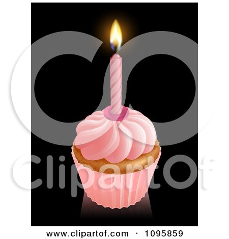 Clipart 3d Pink Frosted Birthday Cupcake With A Lit Candle - Royalty Free Vector Illustration by AtStockIllustration