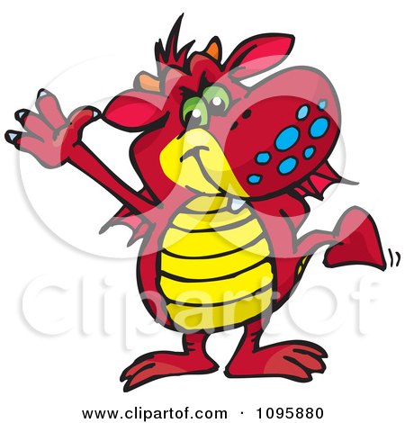 Clipart Friendly Red Dragon Holding A Hand Up - Royalty Free Vector Illustration by Dennis Holmes Designs