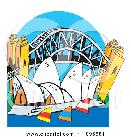 Clipart The Australian Sydney Harbor Bridge And Opera House With Sailboats Over Blue - Royalty Free Vector Illustration by Dennis Holmes Designs