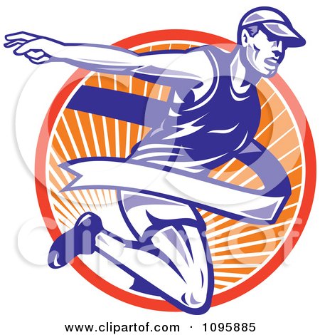 Clipart Retro Marathon Runner Breaking Through The Finish Line Over Rays - Royalty Free Vector Illustration by patrimonio