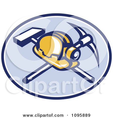 Clipart Retro Coal Miner Hard Hat And Head Lamp With A Crossed Pickaxe And Sledge Hamme In A Blue Oval - Royalty Free Vector Illustration by patrimonio