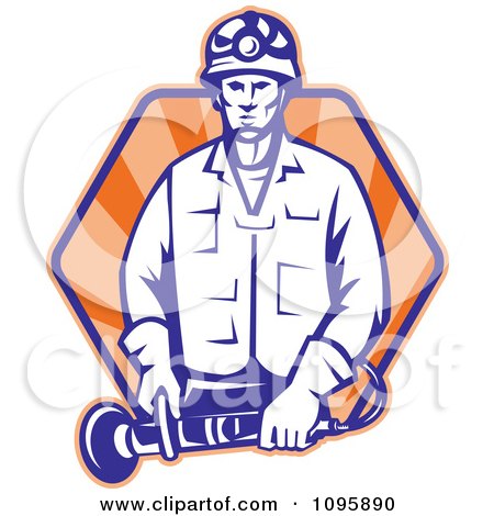 Clipart Retro Worker Holding Angle Grinder Tool Over Rays - Royalty Free Vector Illustration by patrimonio